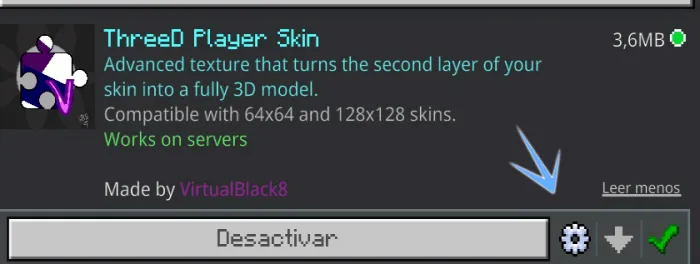 ThreeD Player Skin mod interface.