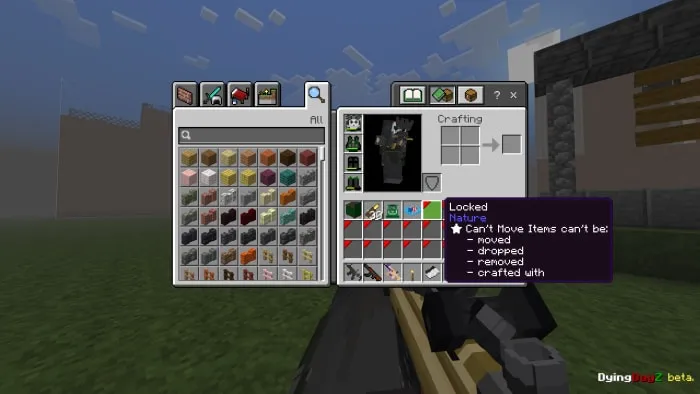 Game inventory with crafting menu open.