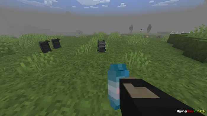 Player aiming in grassy terrain.