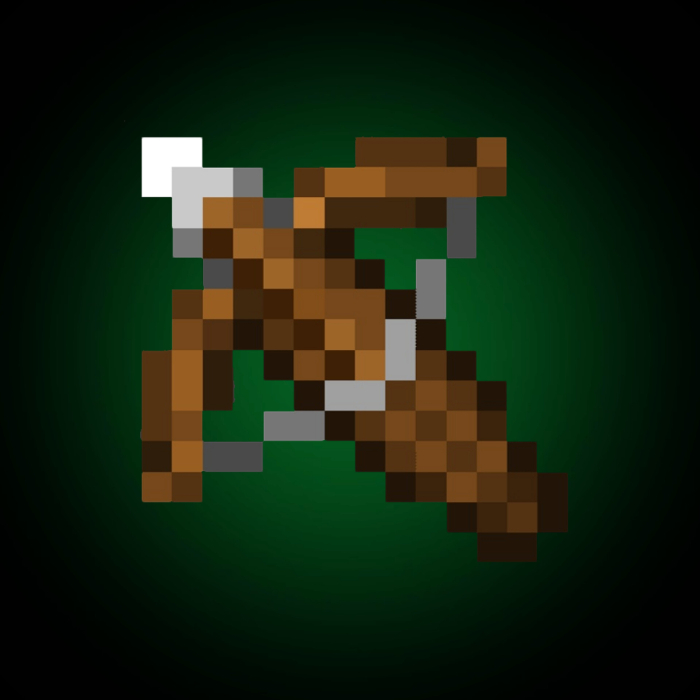 Pixelated crossbow on dark green background.