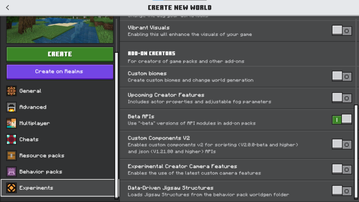Settings menu for creating a new world.