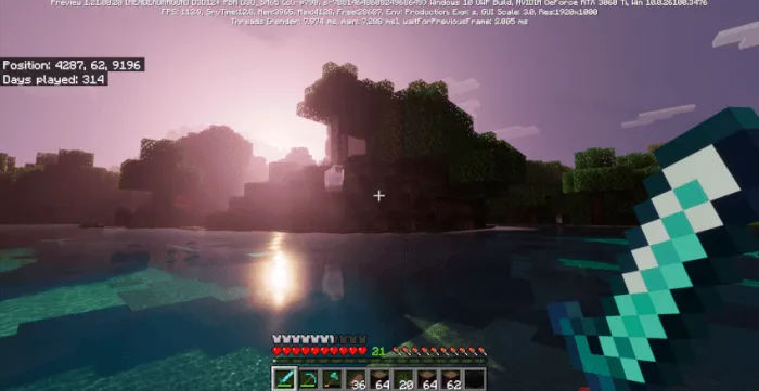 Blocky sunset over water with sword.