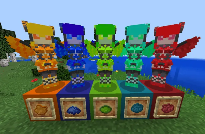 Colorful robot statues on blocks.