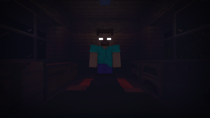 Dark figure with glowing eyes in a room.