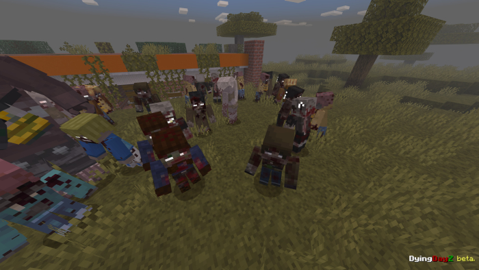 Pixelated zombies gather in grassy field.