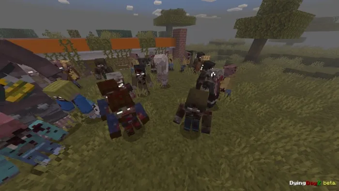 Pixelated zombies gather in grassy field.