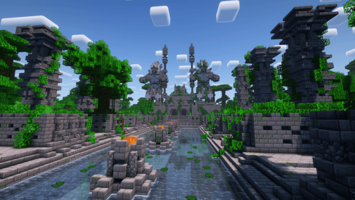 Intricate stone temple and statues.