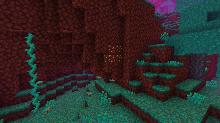Nether terrain with glowing ore blocks.