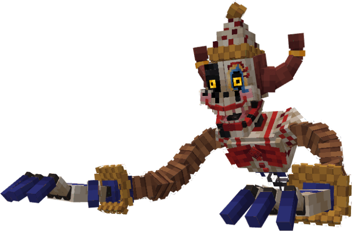Creepy clown-like animatronic character.
