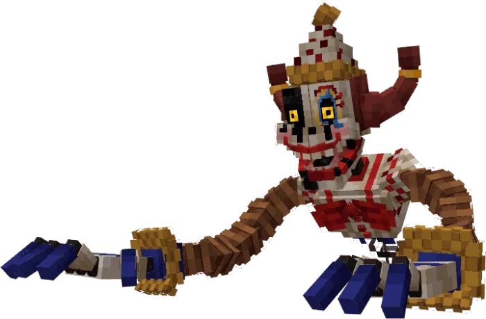 Creepy clown-like animatronic character.