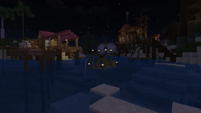 Night scene with boat at village dock.