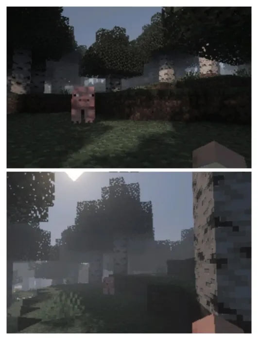 Top image Pig in sunlit forest scene. Bottom image Sunlit forest with realistic rays.