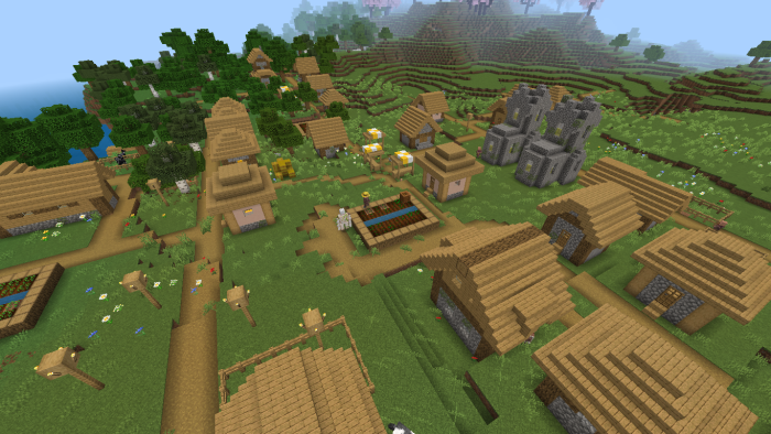 Pixelated village landscape with farms.