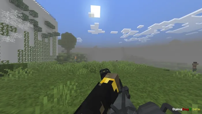 Gun view in a grassy, foggy landscape.