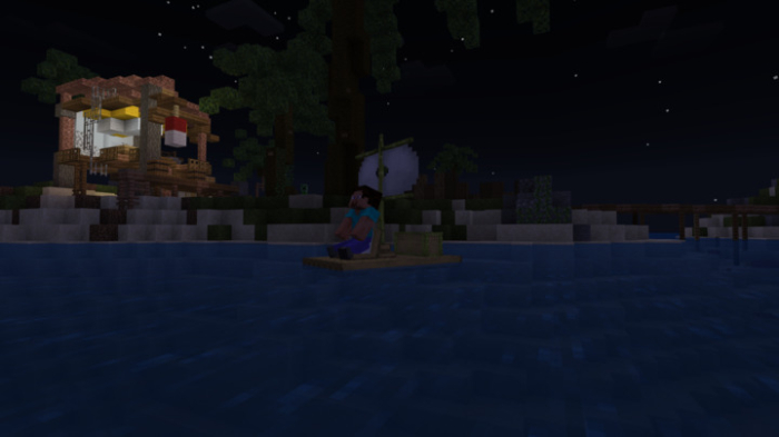 Character sailing on a small raft.