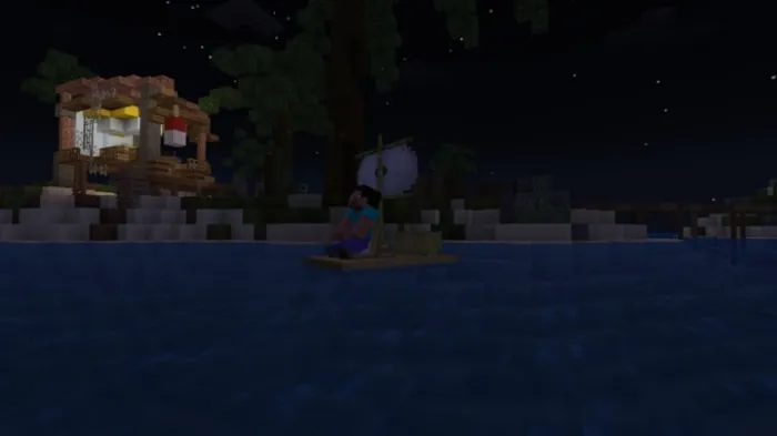 Character sailing on a small raft.