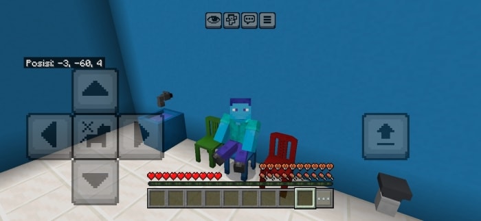 Character sitting on colorful chairs.