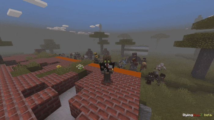 Player surrounded by zombies on bricks.