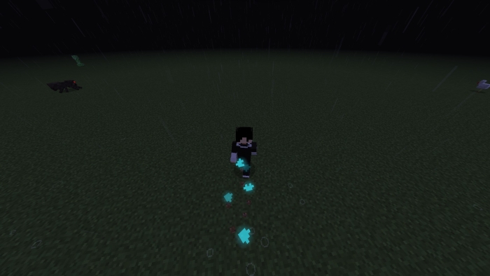 Character with blue particles at night.