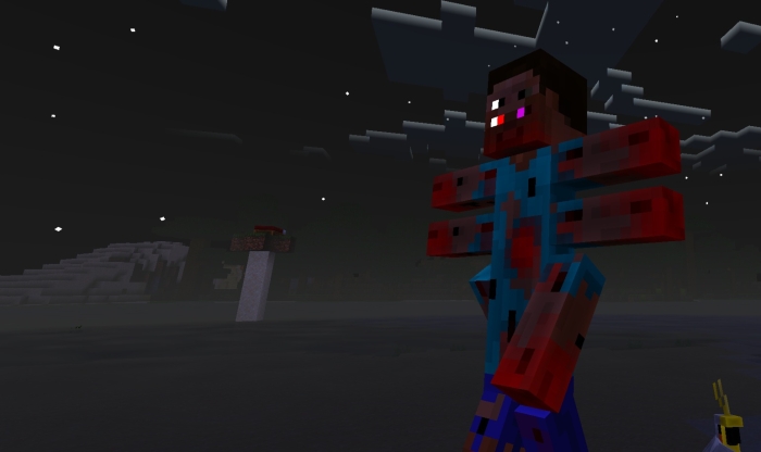 Horror entity with glowing eyes at night.
