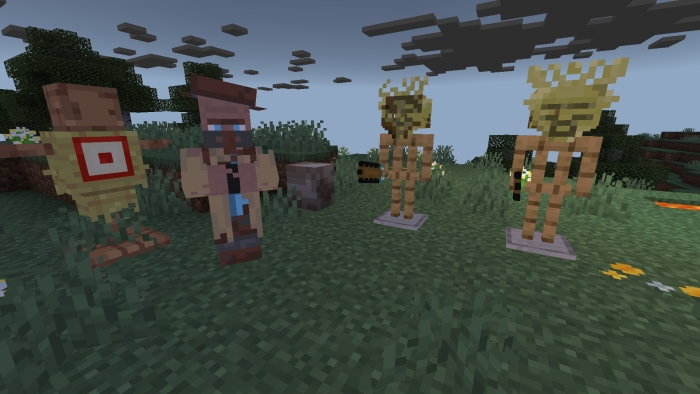 Ancient mobs and character on grassland.