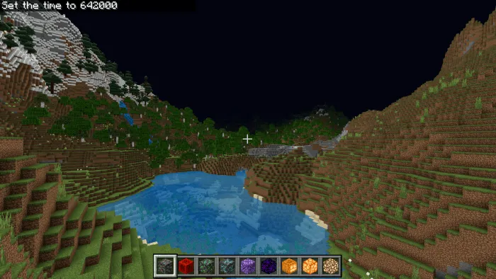 Night vision view of a Minecraft landscape.