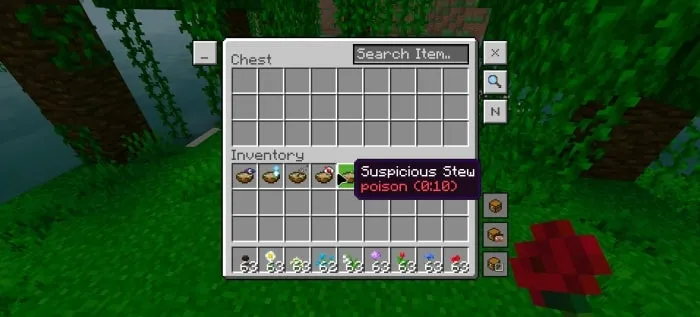 Inventory with Suspicious Stew tooltip.