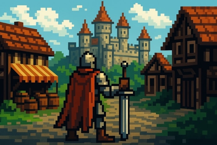 Pixelated knight in medieval village.