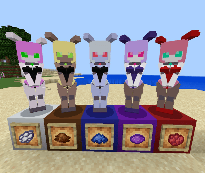 Five colorful robot figures in a row.