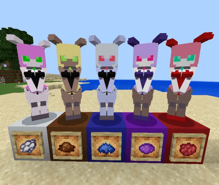 Five colorful robot figures in a row.
