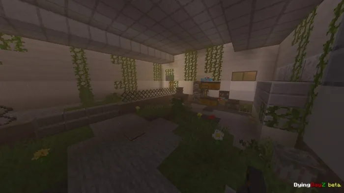 Game mod scene with plants and shelves.