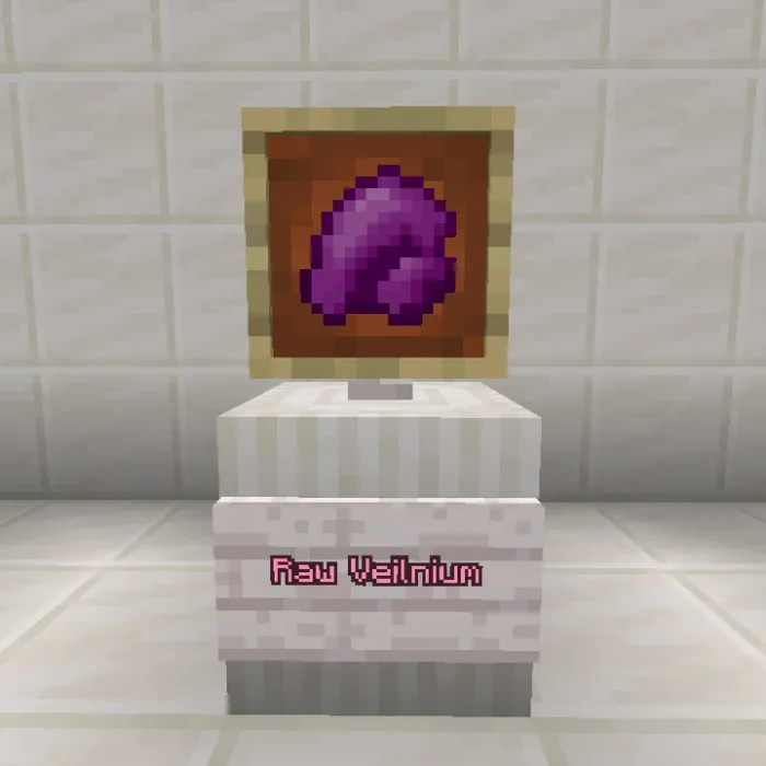 Raw Veilnium ore displayed in a frame.
