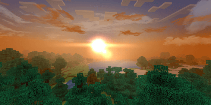 Sunset over pixelated forest landscape.