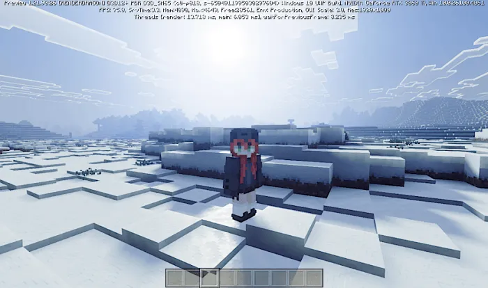 Character standing in snowy landscape.