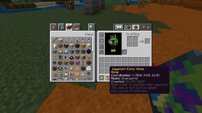 Inventory with waypoint item highlighted.