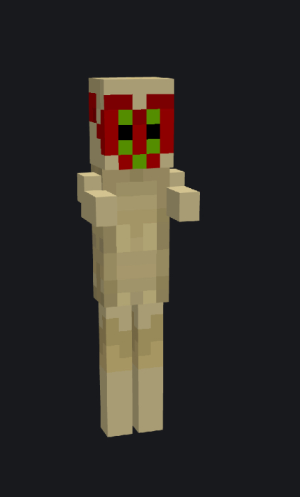 Blocky creature with red and green mask.