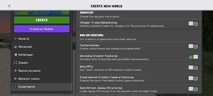 Create New World settings menu.