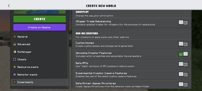 Create New World settings menu.