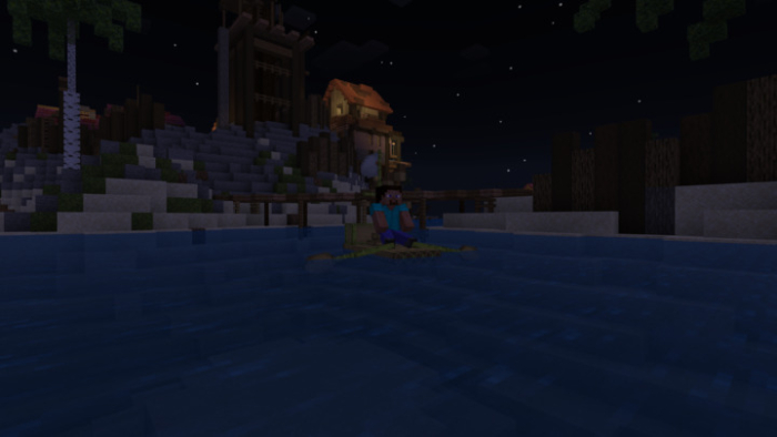 Character on a raft at night.