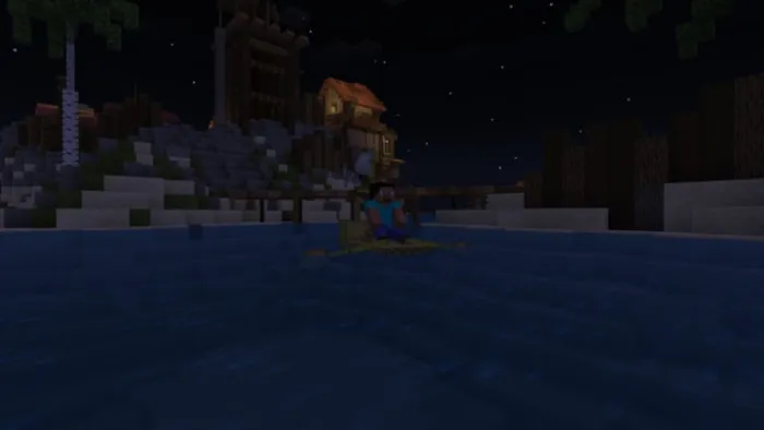 Character on a raft at night.