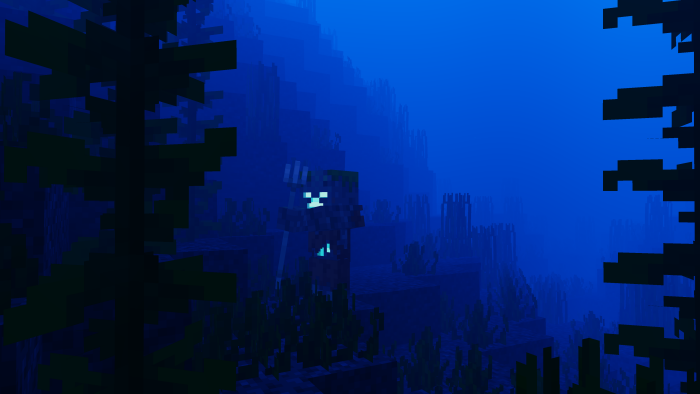 Underwater scene with glowing trident.