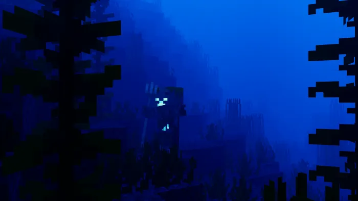 Underwater scene with glowing trident.