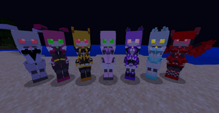 Robotic characters lined up on sand.