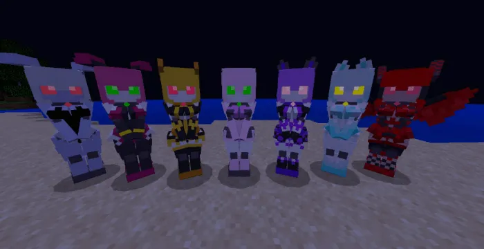 Robotic characters lined up on sand.