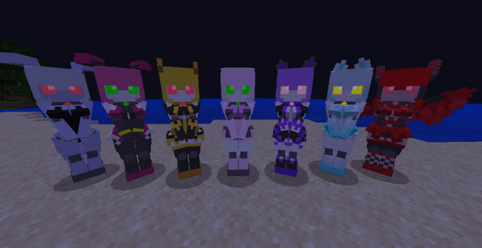 Seven colorful robot characters on a beach.