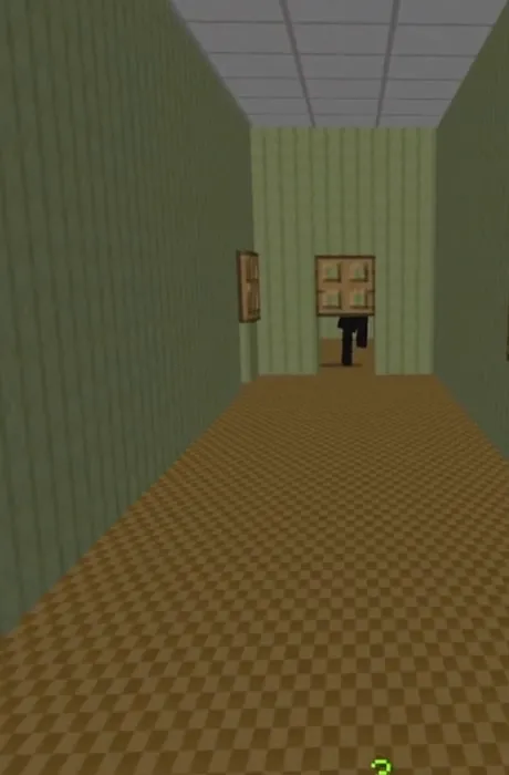 Pixelated hallway with checkered floor.