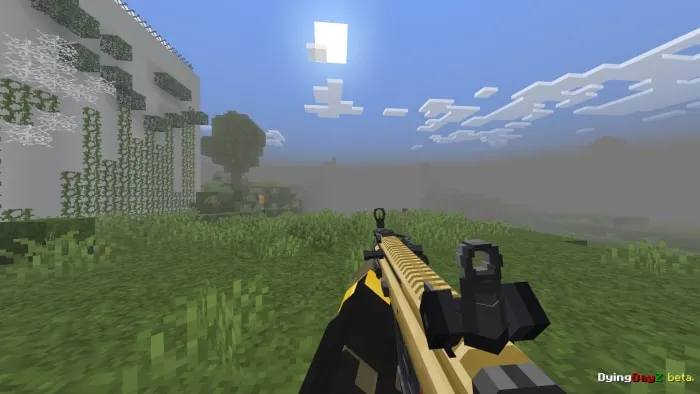 First-person view holding a rifle.