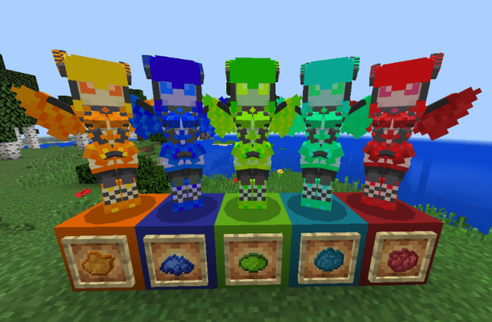 Five colorful robot figures in a row.