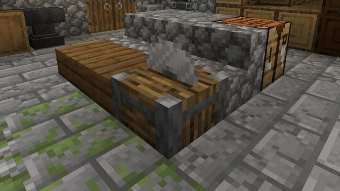 Pixelated wood cutter on stone floor.