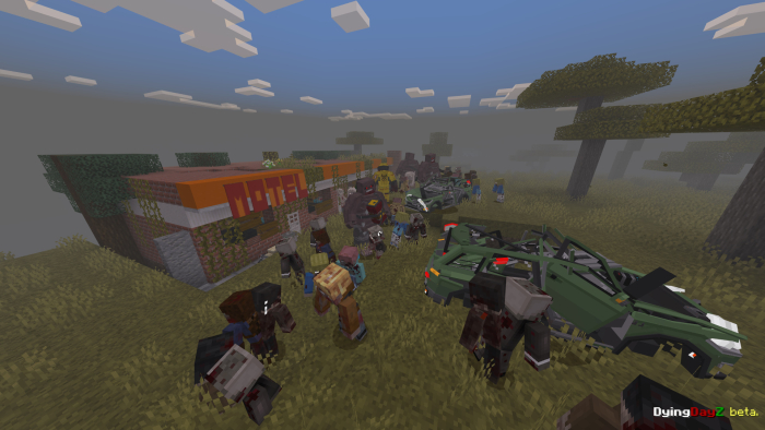 Zombie mob near motel and cars in fog.